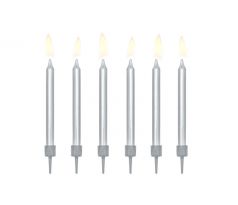 Tortové sviečky, hladké, strieborné, 6 cm (1 bal / 6 ks)