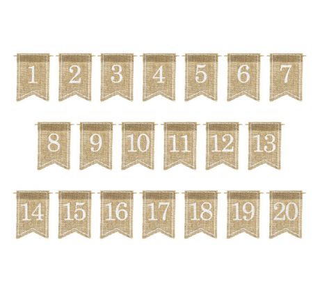 Čísla na stôl jutové, 7 x 10,5 cm (1 bal / 20 ks)