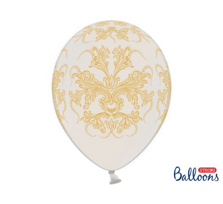 Balóny biele so zlatými ozdobami, 30 cm (6 ks)