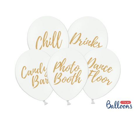 Balóny Candy Bar, Chill, Dance Floor, Drinks, Photo Booth, 30 cm, čisto biele (1 bal / 5 ks.)