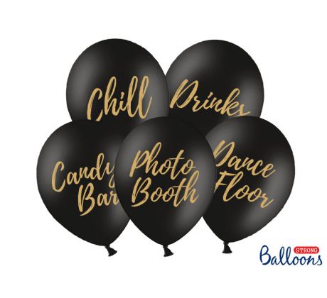 Balóny Candy Bar, Chill, Dance Floor, Drinks, Photo Booth, 30 cm, čierne (1 bal / 5 ks.)